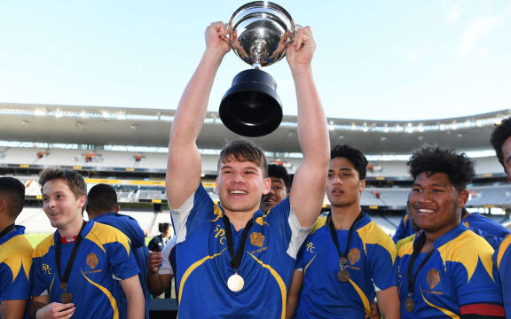 St Peters winning captain Niko Jones, son of former All Black Michael Jones