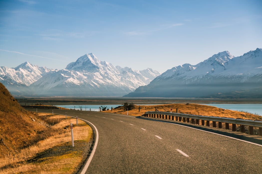 Road to Aoraki/Mount Cook and Lake Pukaki in the morning light.