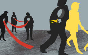 An illustration of shadowy figures linked by ribbon, with one cutting the ties