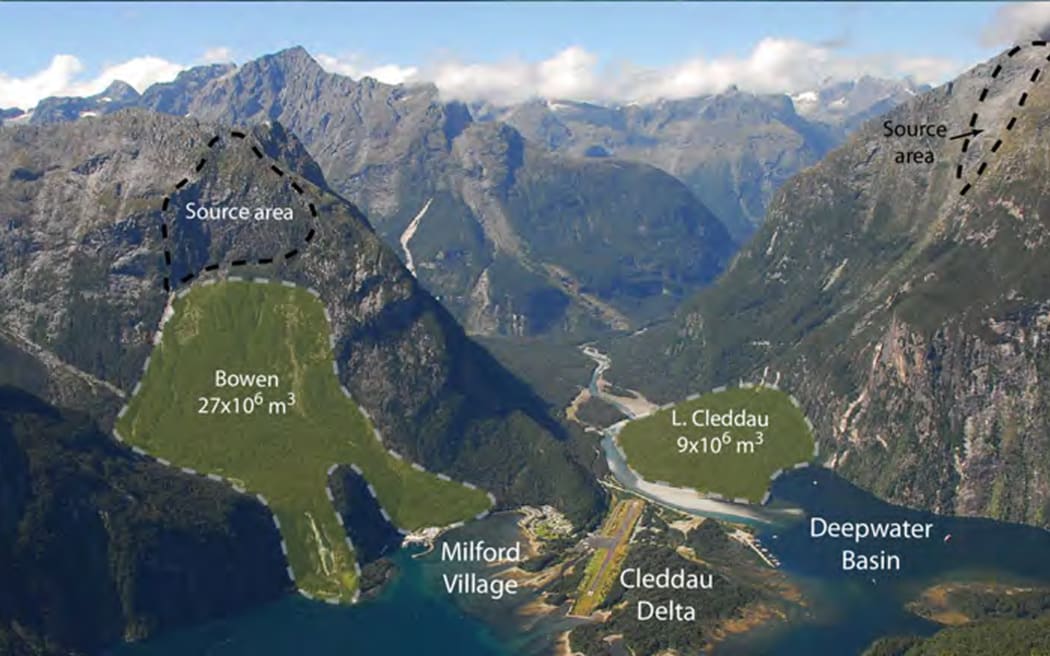 Two previous landslides and their corresponding deposits near the heart of Milford tourism.