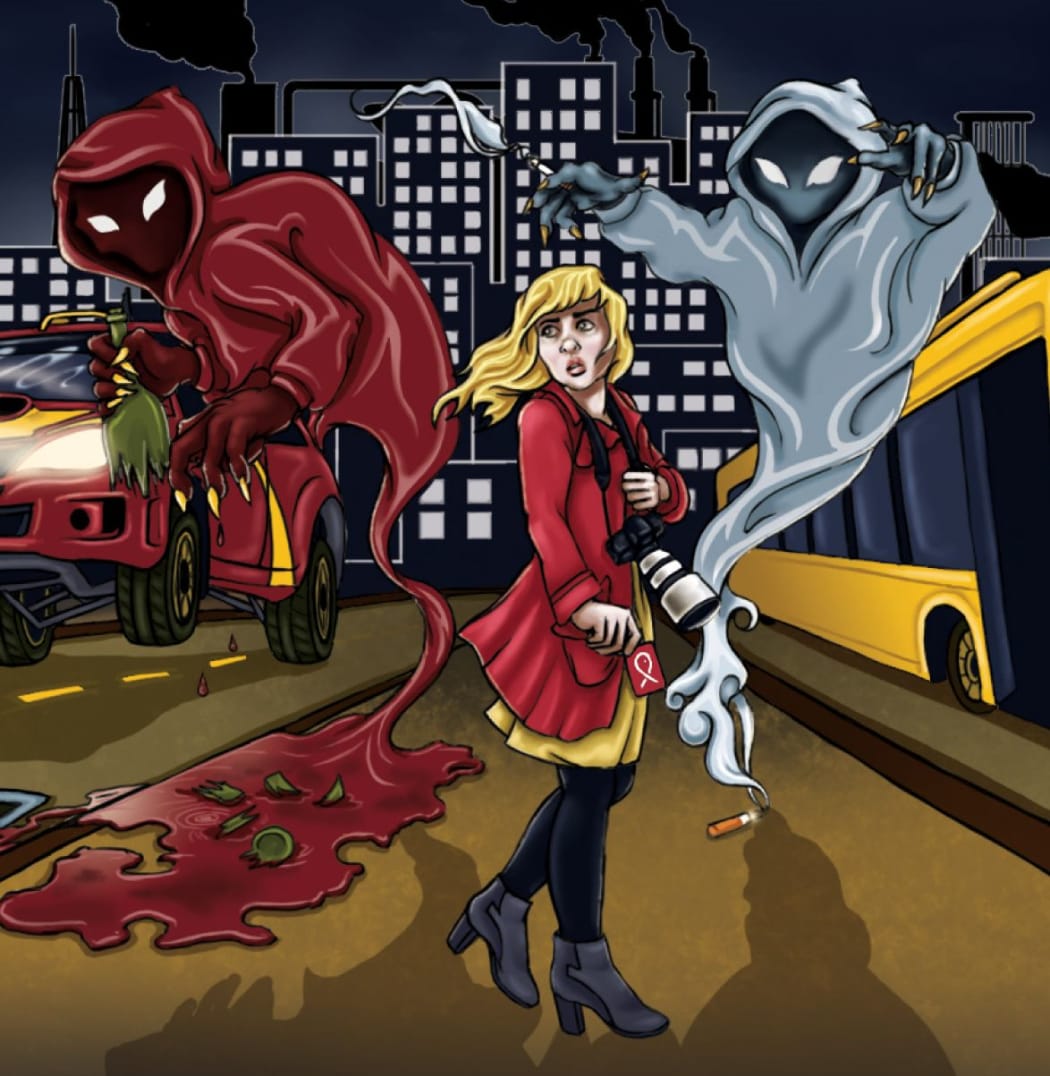 A cartoon of a woman on a street, haunted by sinister ghosts