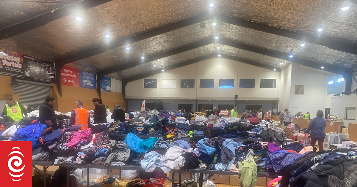 Motueka hall full of donated goods for flood victims