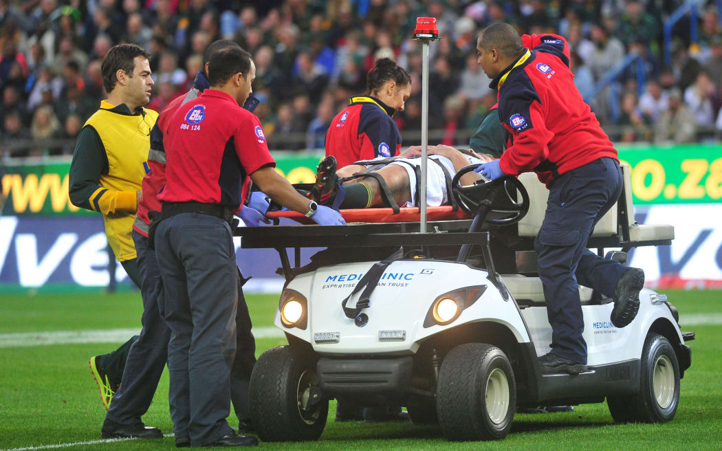 Patrick Lambie of South Africa is stretchered from the field after a late tackle from CJ Stander of Ireland during the 2016 Incoming Test Series game between South Africa and Ireland.