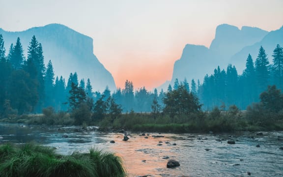 A river and mountain scene