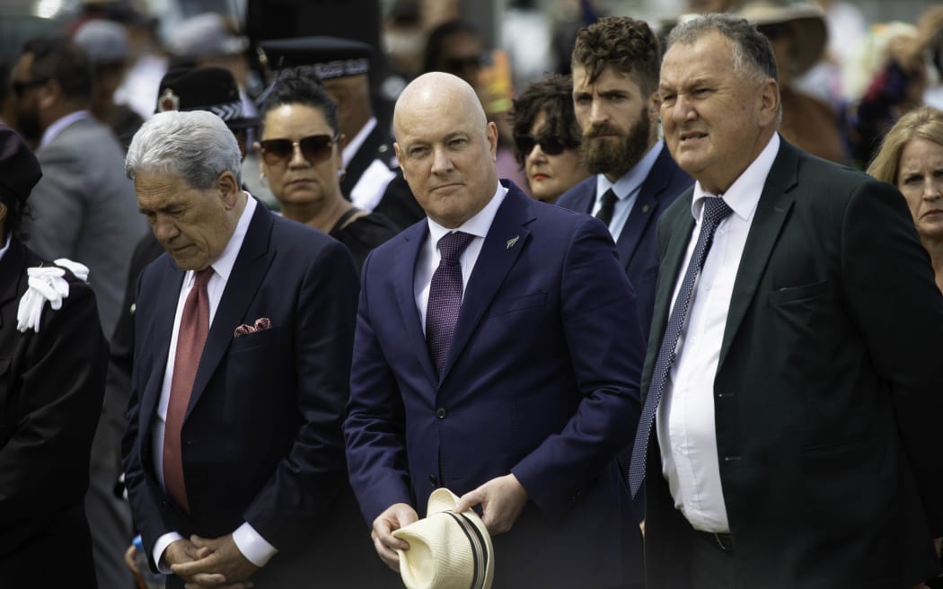 Winston Peters,  Prime Minister Christopher Luxon and Shane Jones are greeted as they arrive at Rātana Pā in 2024.