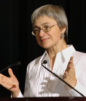 Anna Politkovskaya speaking in New York in 2002.