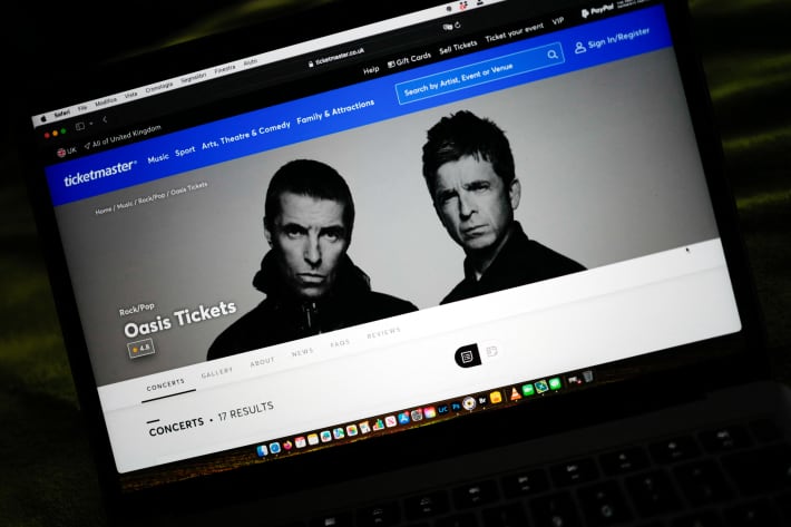 The page of Ticketmaster regarding the Oasis concerts is displayed on the screen of a laptop in London, England, on September 7, 2024.