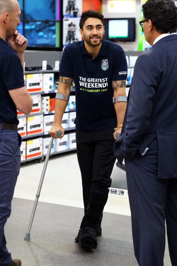 Shaun Johnson on crutches at the NRL Nines press conference, Thursday 20th August