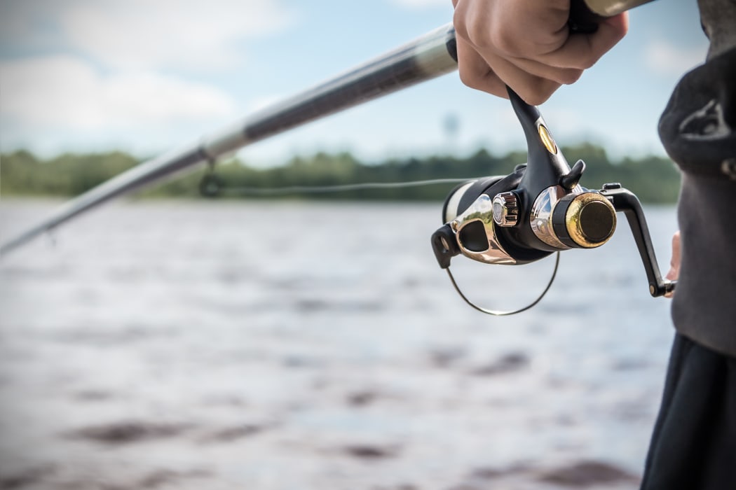 Hand holding a fishing rod with reel.