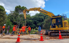 Temporary piles are installed at a major slip on SH1 through Mangamuka Gorge.