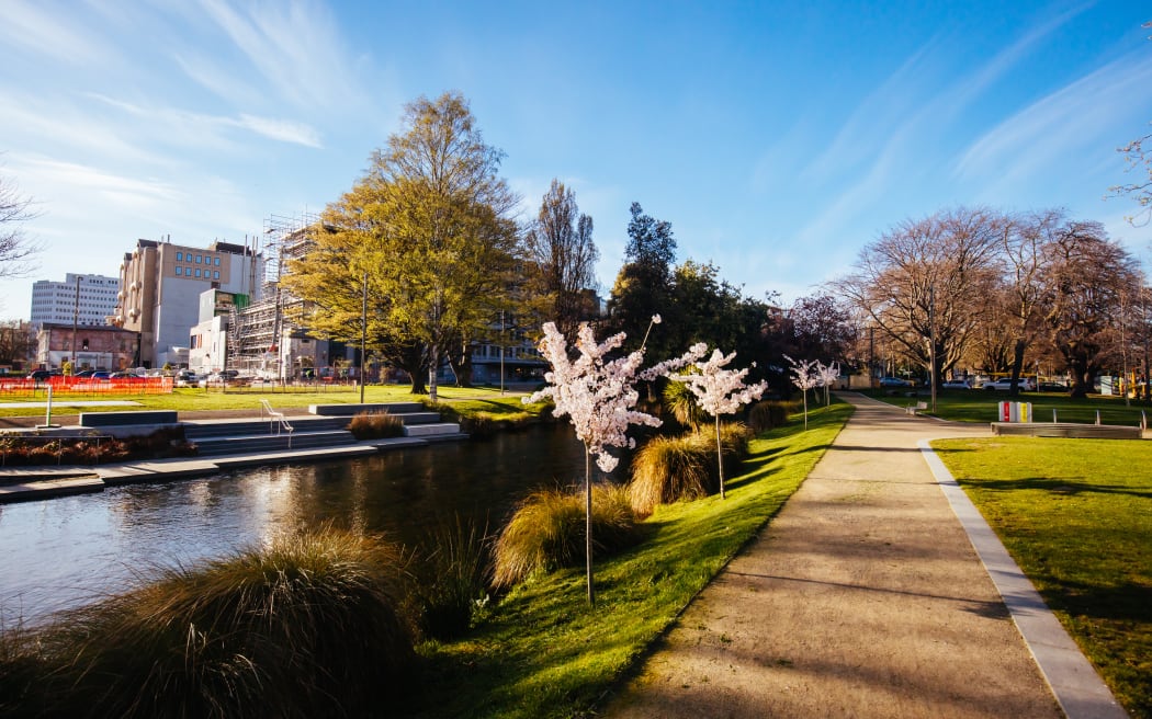 Landscape around the River Avon and Victoria Square in Christchurch on a warm spring day in New Zealand