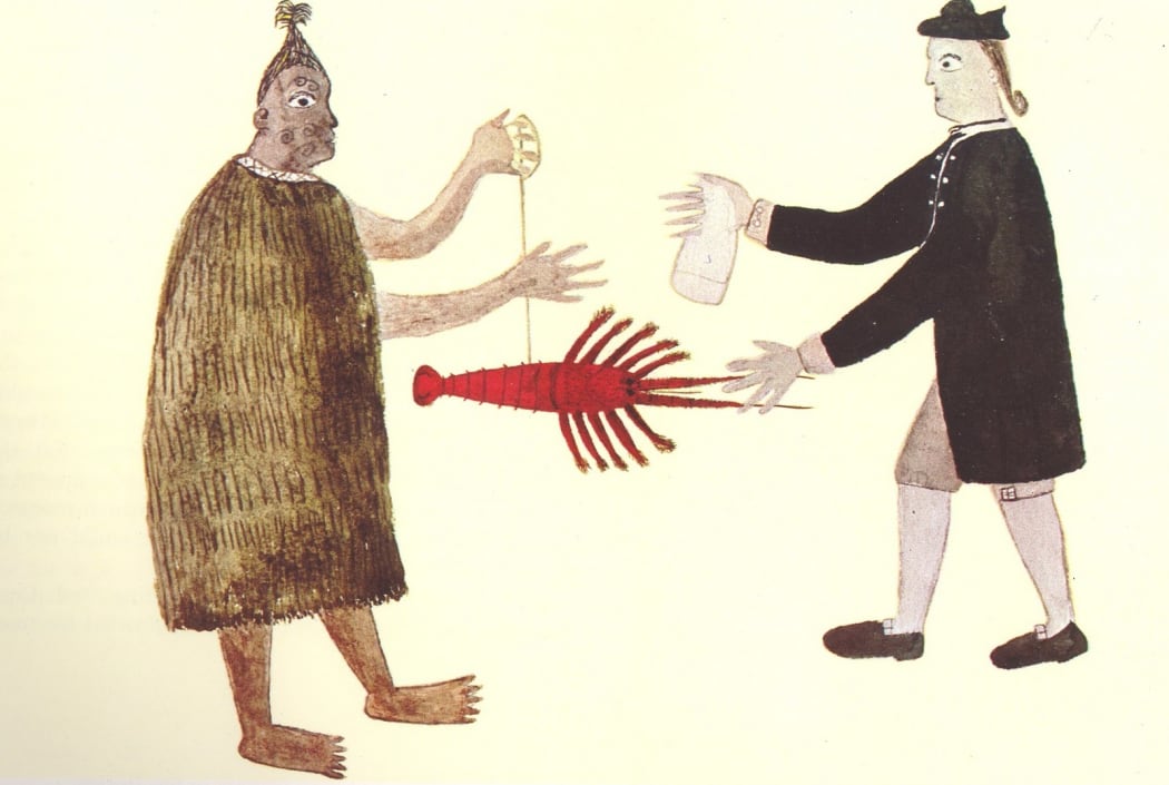 A Maori man and Joseph Banks exchanging a crayfish for a piece of cloth, drawing by Tupaia, c. 1769