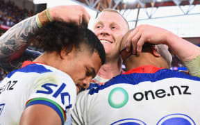 Mitchell Barnett of the Warriors celebrates after the match, Dolphins v Warriors, round 11 of the Telstra NRL Premiership rugby league competition at Suncorp Stadium, Brisbane.