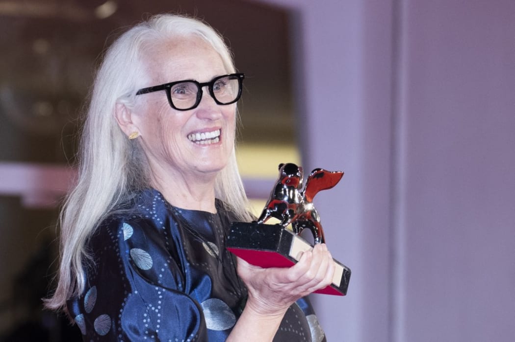 Director Jane Campion receives the Silver Lion for Best Director for "The Power Of The Dog" during the closing ceremony during the 78th Venice International Film Festival.
