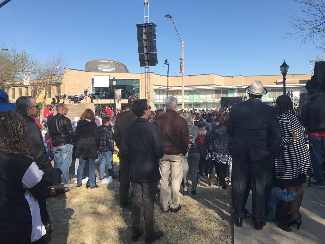 The crowd at the National Civil Rights Museum watches on as civil rights leader Jesse Jackson remembers his friend Dr Martin Luther King.