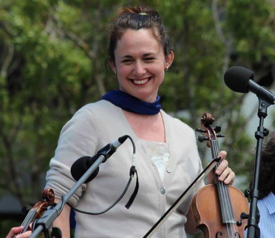 Violin player and busker Elisabeth Auchinvole in Wellington's Waitangi Park.