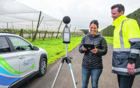 Whakatāne District Council senior policy planners Deborah Ganley and Stephen Allerby carry out monitoring of audible bird-scaring devices in spring of 2021.