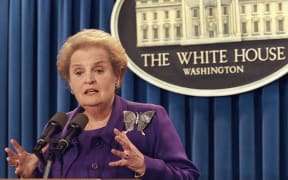 (FILES) In this file photo taken on September 28, 1998 US Secretary of State Madeleine Albright speaks to reporters during a press conference at the White House in Washington, DC. -