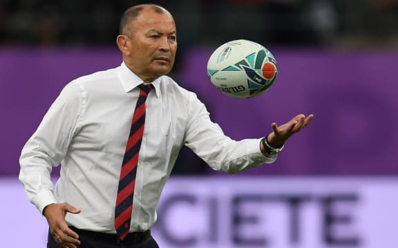 England's head coach Eddie Jones attends a warm-up session before the Japan 2019 Rugby World Cup quarter-final match between England and Australia at the Oita Stadium in Oita on October 19, 2019.