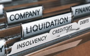 Company liquidation concept. File and tabs with the words insolvency, creditors and debts. 3D illustration