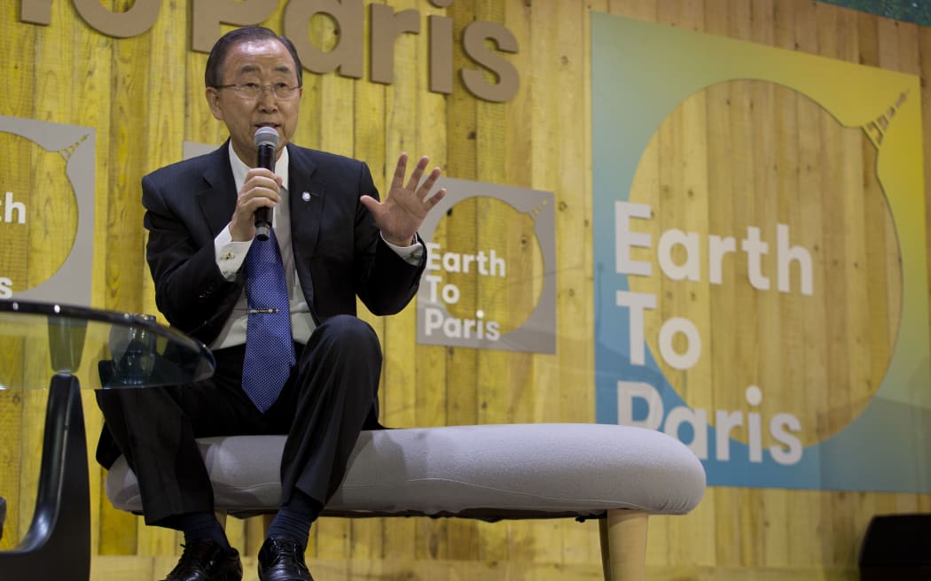 UN secretary general Ban Ki-moon delivers a speech at the World Climate Change Conference 2015 (COP21).