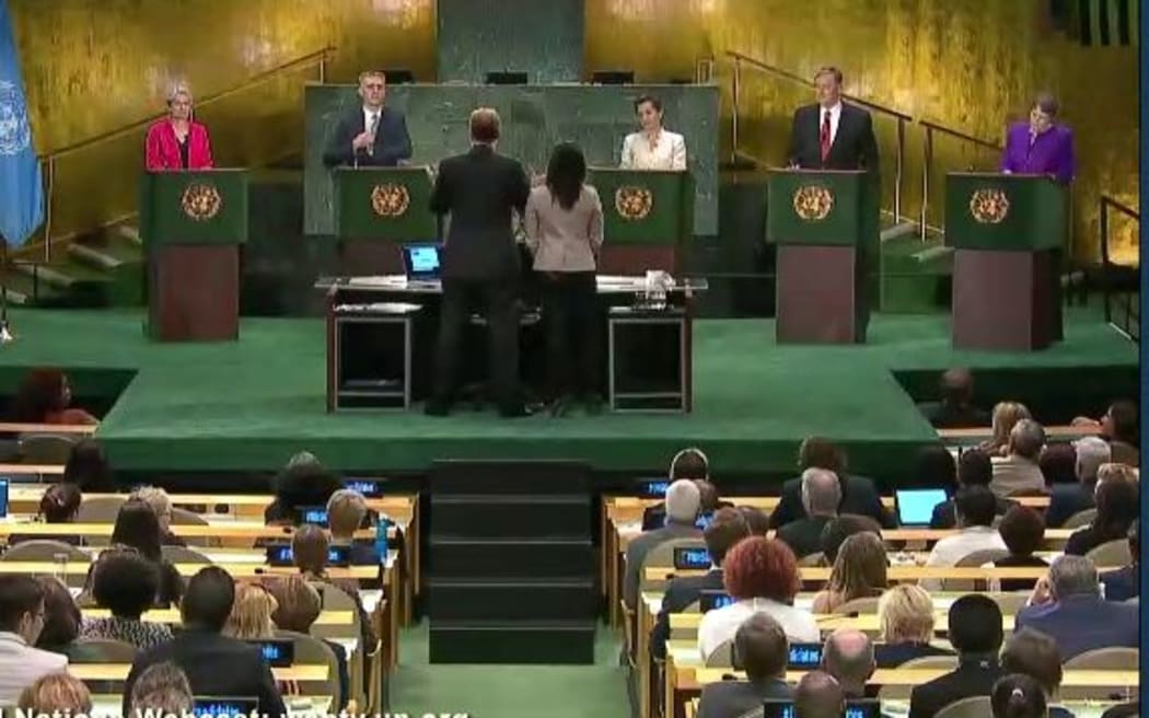Five candidates for  UN Secretary-General including Helen Clark, at right, during a live televised debate.