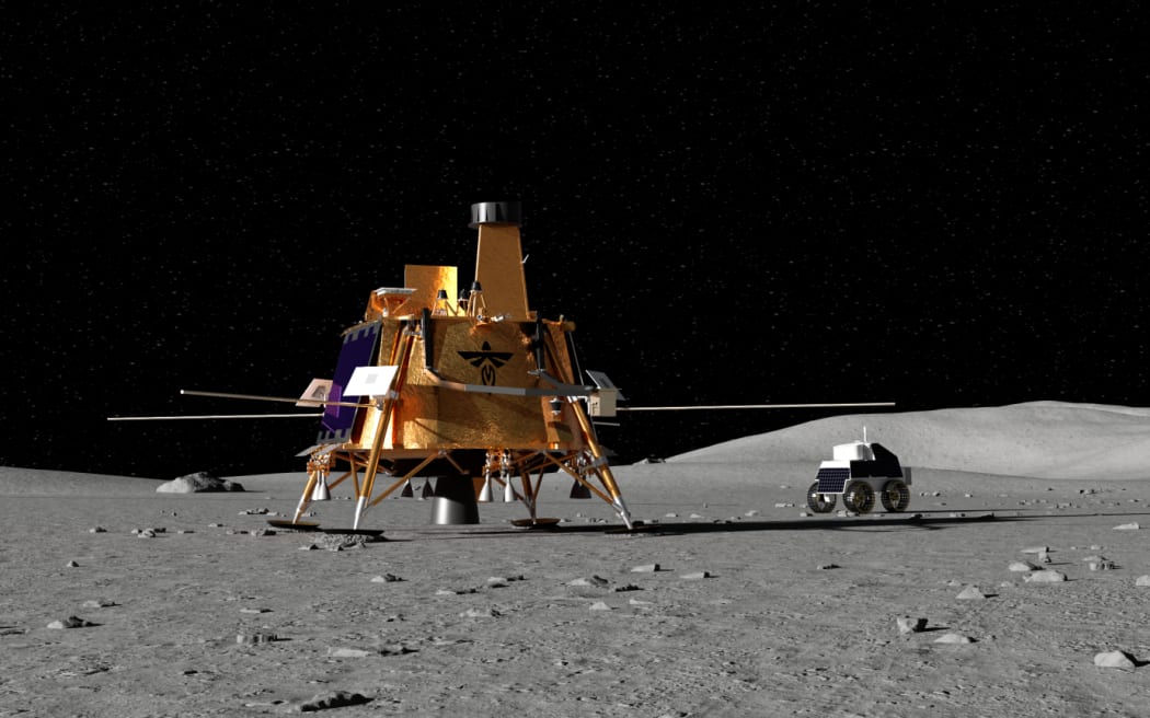 A rendering of Firefly’s Blue Ghost lunar lander and a rover developed for the company’s third mission to the Moon as part of NASA’s CLPS (Commercial Lunar Payload Services) initiative.