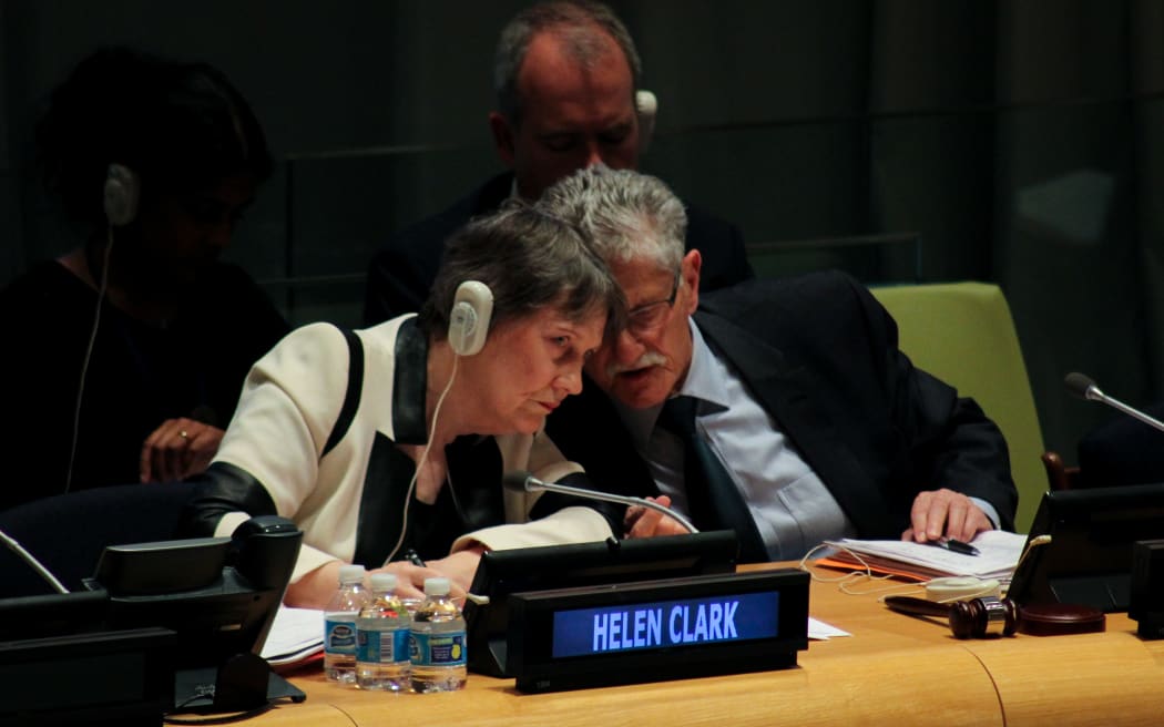 The President of the United Nations General Assembly, Mogens Lykketoft, having a word with Helen Clark during questioning.