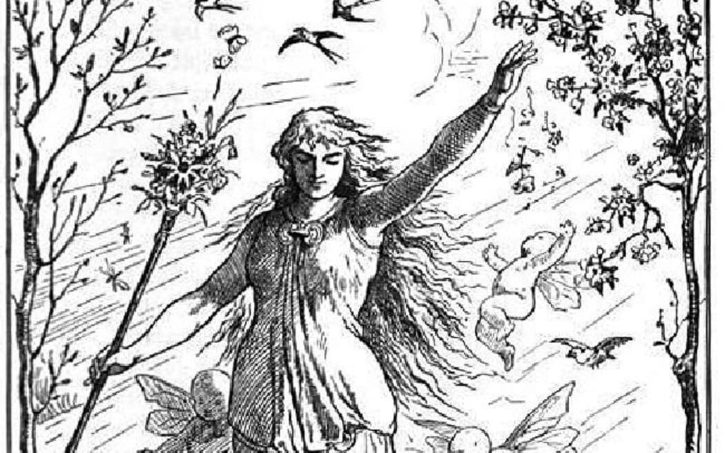 'Ostara' by Johannes Gehrts, created in 1884. The goddess Ēostre flies through the heavens surrounded by Roman-inspired putti, beams of light, and animals.