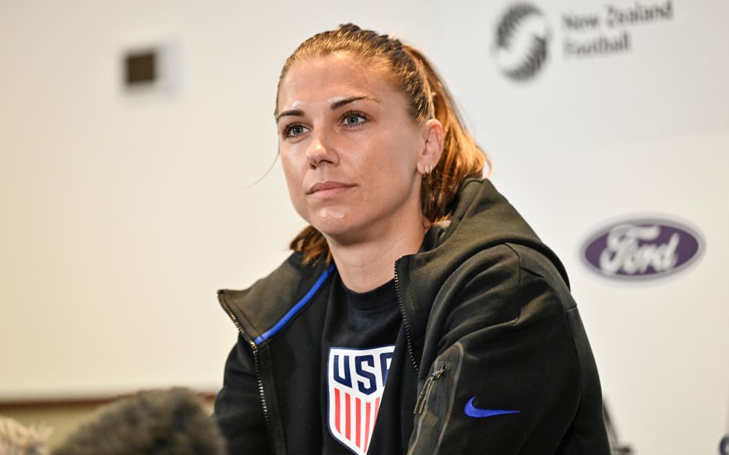 US footballer Alex Morgan at a media conference in Auckland during the 2023 FIFA women's world cup.