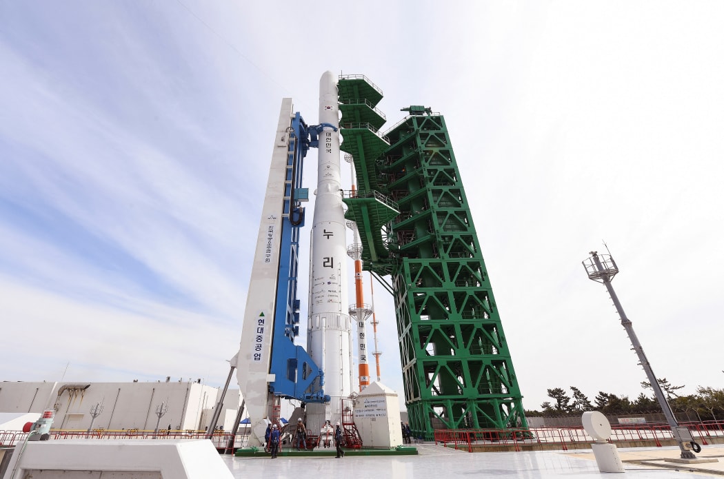 South Korea's first homegrown space rocket "Nuri" on the launch pad at the Naro Space Centre in Goheung in South Jeolla Province, 473 kms south of Seoul, a day before its expected launch.