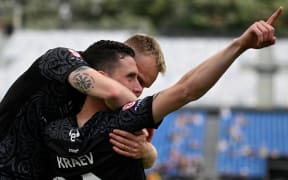 Bozhidar Kraev celebrates his goal during the A-League men's game between the Wellington Phoenix and Melbourne City FC in Auckland.