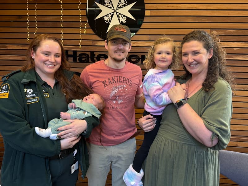 Hato Hone St John’s Gemma Cale with baby Leonard, John, Stella, Corné Fox.