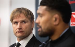 All Blacks head coach Scott Robertson, left, with captain Ardie Savea speak at a press conference after the All Blacks v Argentina test.