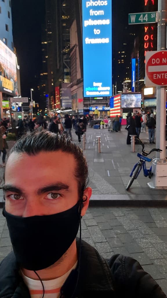 Tongan swimmer Amini Fonua in Times Square.