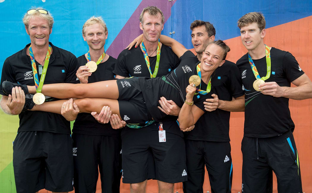 New Zealand Olympic gold medal winners Eric Murray, Hamish Bond, Mahe Drysdale, Peter Burling, Blair Tuke and Lisa Carrington,