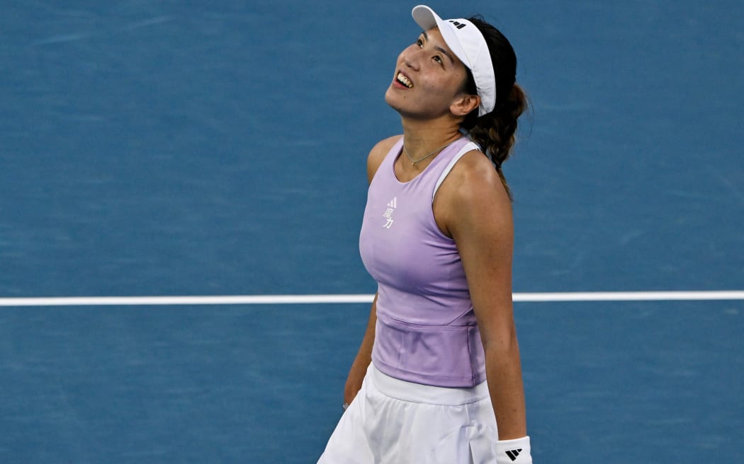 Xinyu Wang (CHN) reacts during her semi final match against Alexandra Eala (PHI) at the ASB Classic Women’s WTA250 tennis tournament at Manuka Doctor Arena, Auckland.