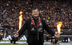 Ex-All Black Eroni Clarke sings the national anthem before the All Blacks v Australia 2025 Rugby Championship test match at Eden Park om 27 September  2025