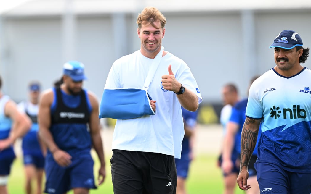 An injured Sam Darry during a Blues Super Rugby training session