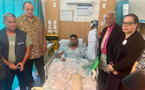 Tongan PM Hu'akavameiliku Siaosi Sovaleni, second from left, visits workers in Waikato Hospital. Photo/Tonga Ministry of Internal Affairs