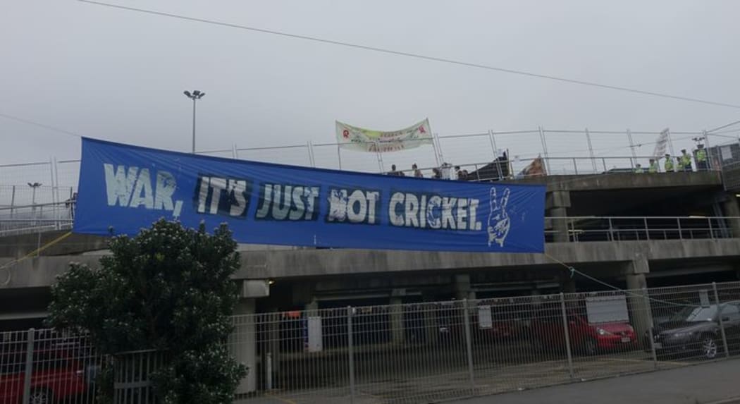 Protesters make their point at the Defence, Industry and National Security Forum at Westpac Stadium in Wellington.