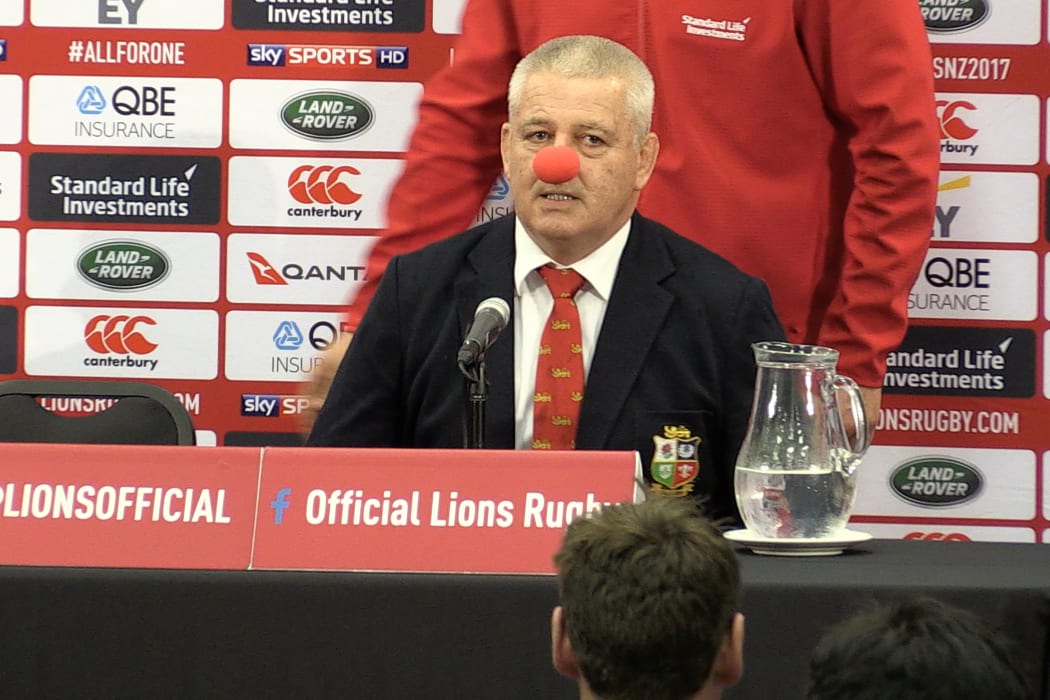British and Irish Lions coach Warren Gatland wears a red nose during a press conference after the third rugby union Test match between the British and Irish Lions and New Zealand