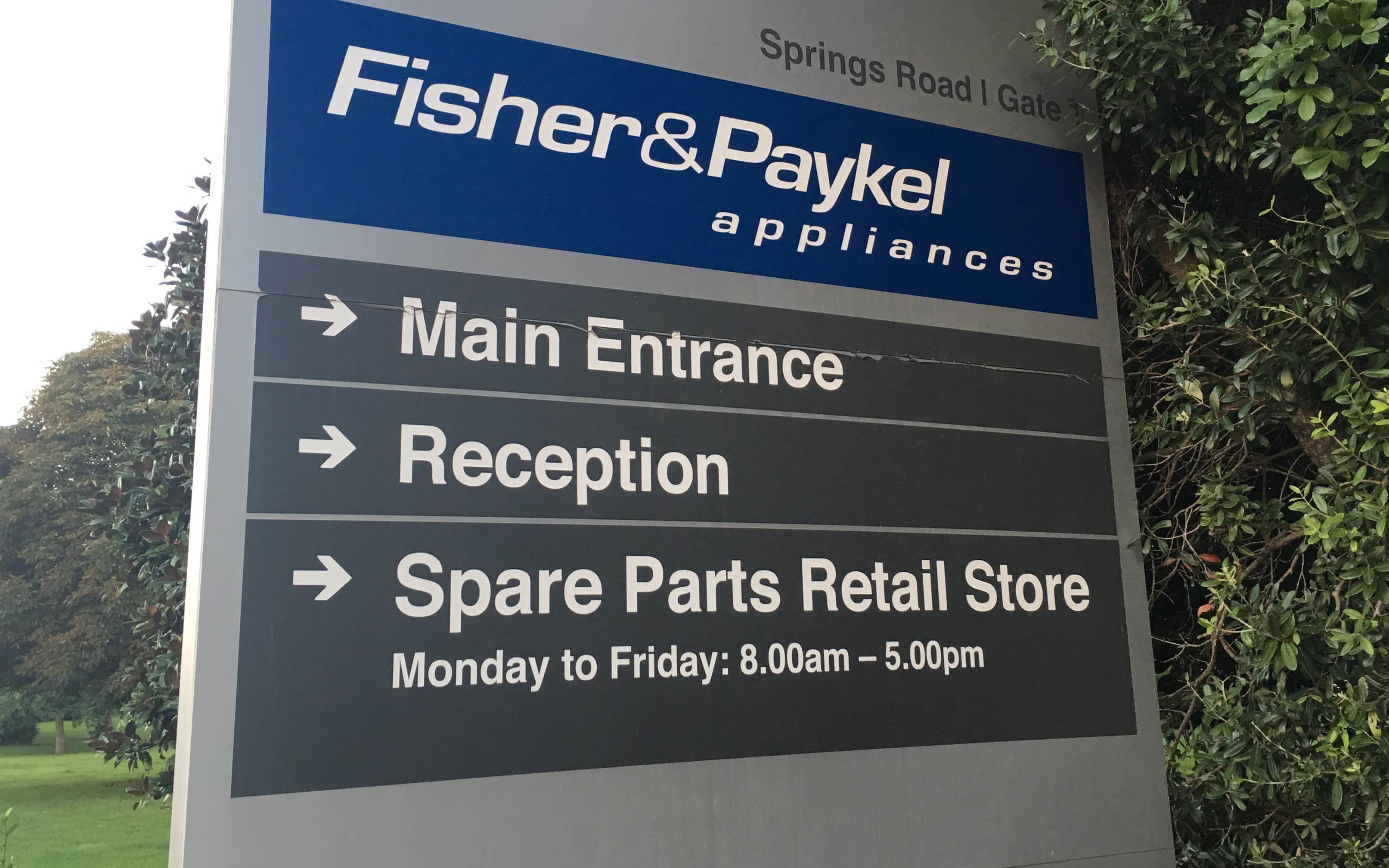 A sign at Fisher & Paykel Appliances' East Tamaki factory, which is set to shut.