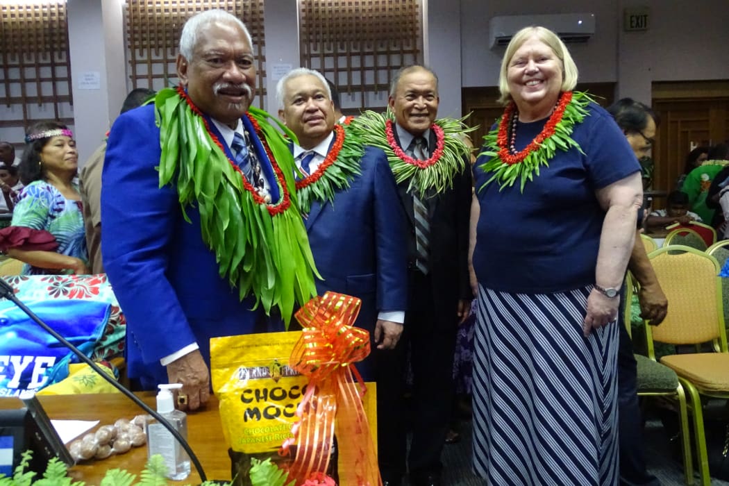 New Marshall Islands President David Kabua, second from right, shortly after being elected Monday morning at the Nitijela (parliament).