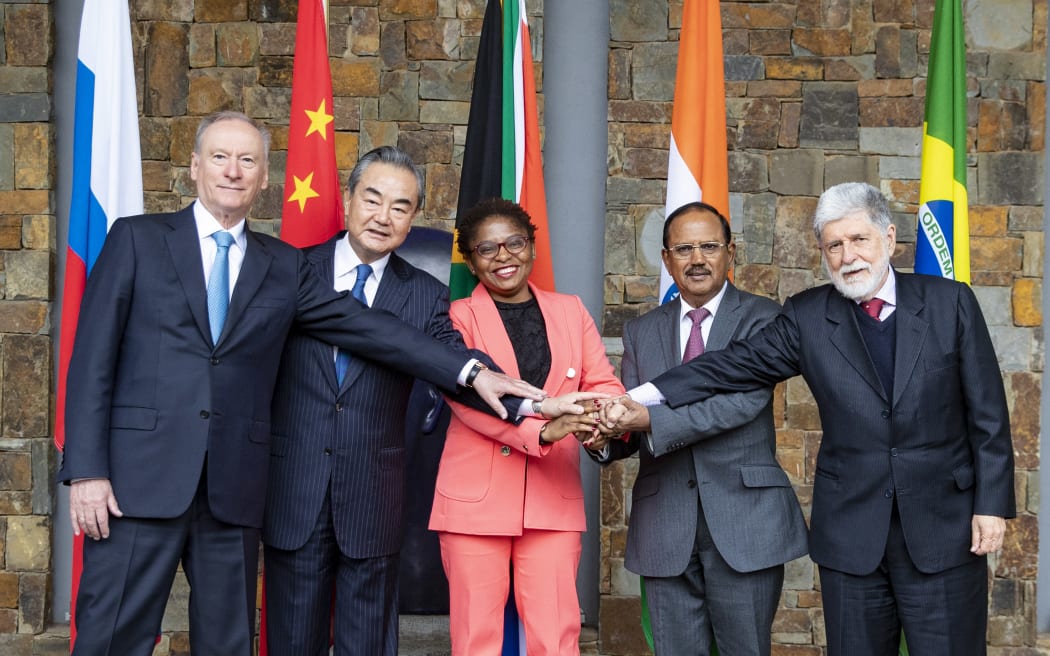 (From left) Xecretary of the Security Council of Russia Nikolai Patrushev, member of the Political Bureau of the Communist Party of China (CPC) Central Committee and director of the Office of the CPC Central Commission for Foreign Affairs Wang Yi, Minister in the Presidency of the Republic of South Africa Khumbudzo Ntshavheni, National Security Adviser of India Ajit Doval, and chief adviser of the Presidency of Brazil Celso Luiz Nunes Amorim at the 13th Meeting of BRICS National Security Advisers and High Representatives on National Security in Johannesburg, South Africa, 25 July, 2023.