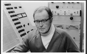 Douglas Lilburn, inside the electronic music studio, Victoria University, Wellington, circa 1975.