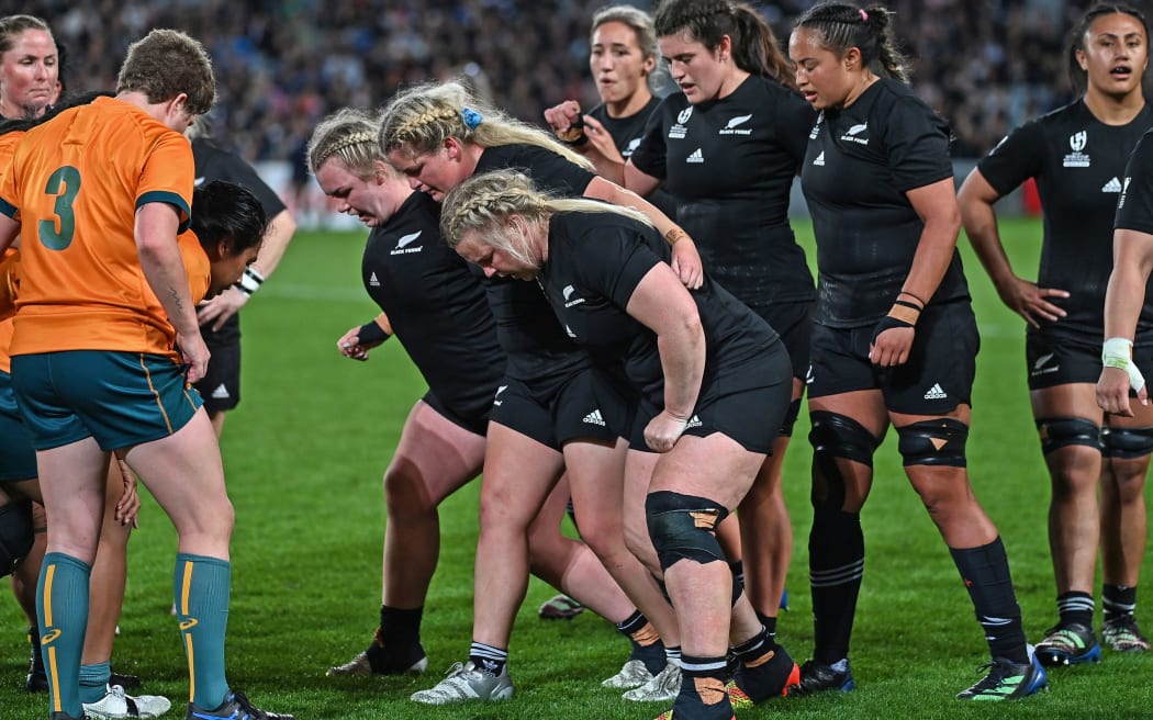 New Zealand Black Ferns front row prepare to scrum.