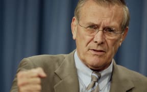 In this file photo taken on March 31, 2002 US Secretary of Defense Donald Rumsfeld briefs the press at the Pentagon 01 April 2002.