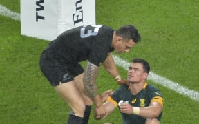 All Black's centre Sonny Bill Williams shakes hands with South Africa's Jesse Kriel.