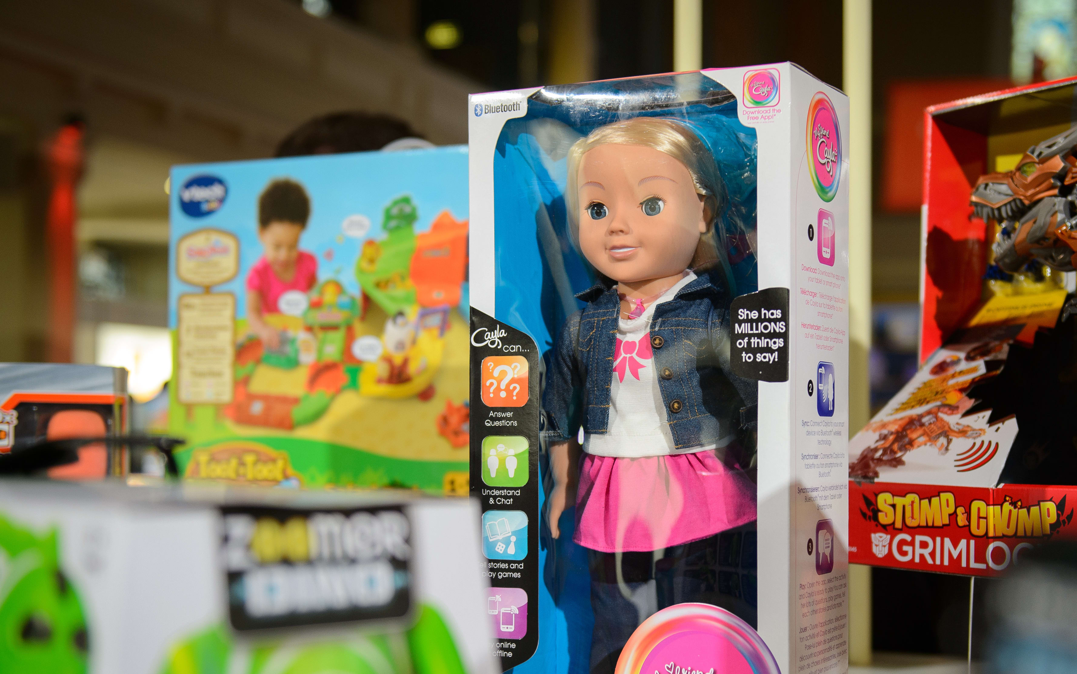 The talking doll -  pictured here at the DreamToys toy fair in central London -  has been banned by German authorities.